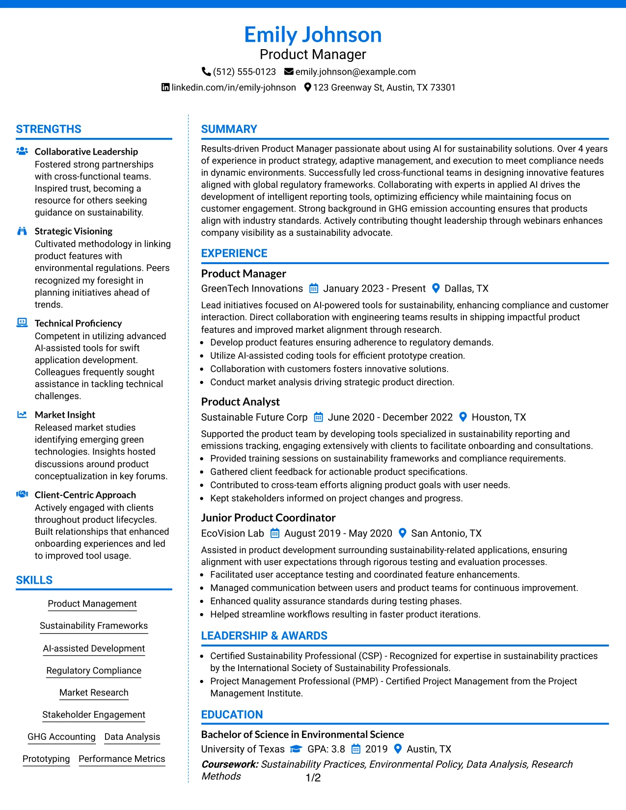 Resume Example Page 1
