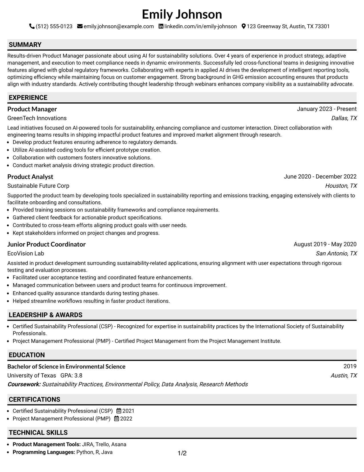 Resume Example Page 1