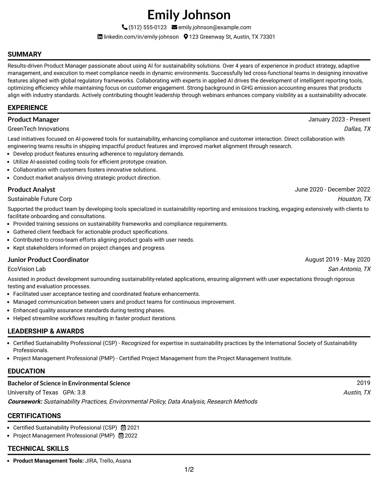 Resume Example Page 1
