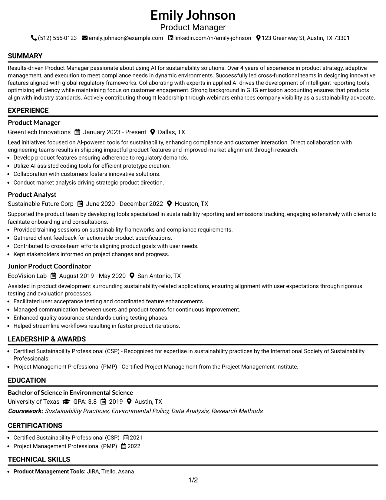 Resume Example Page 1