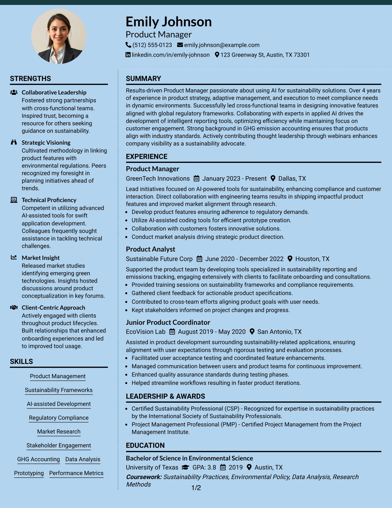 Resume Example Page 1