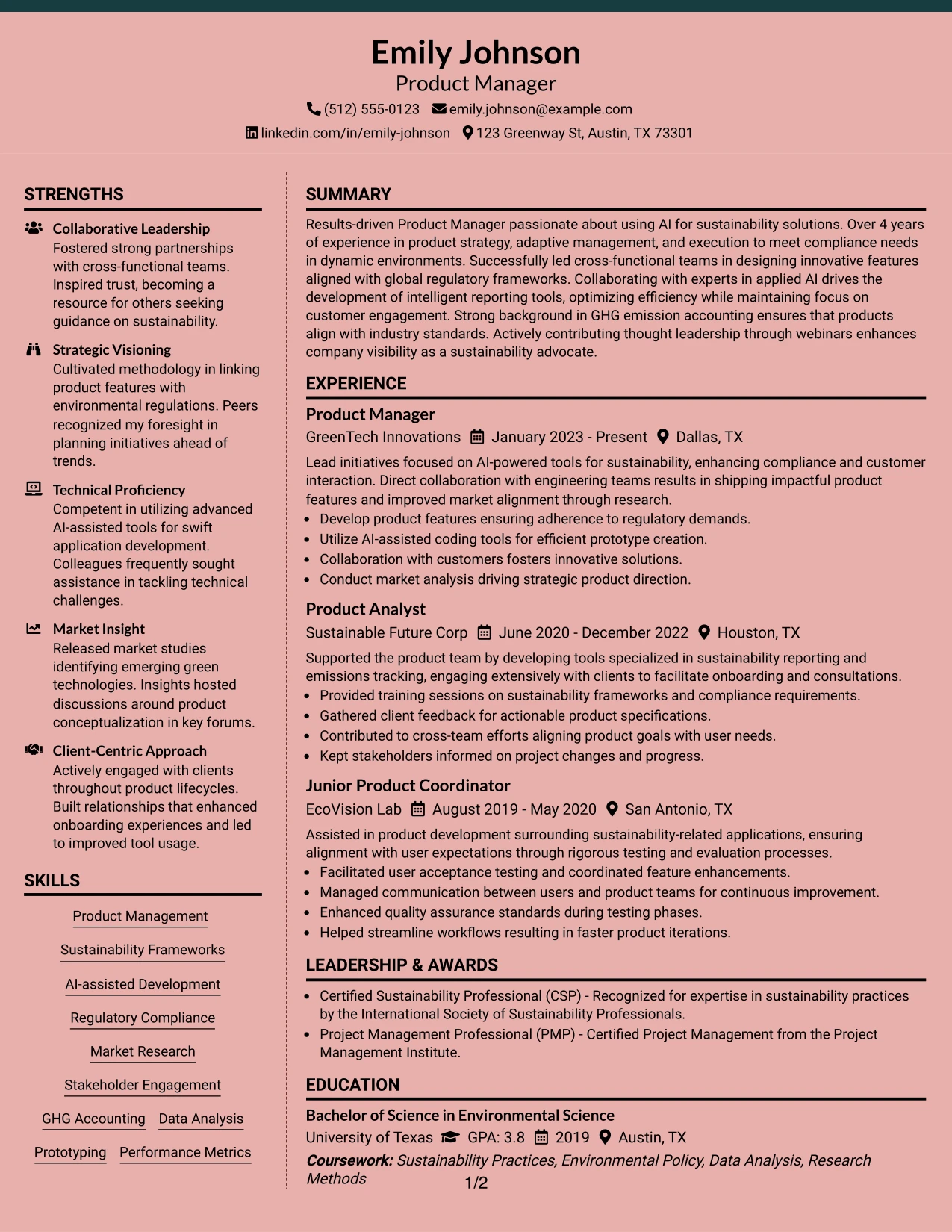 Resume Example Page 1