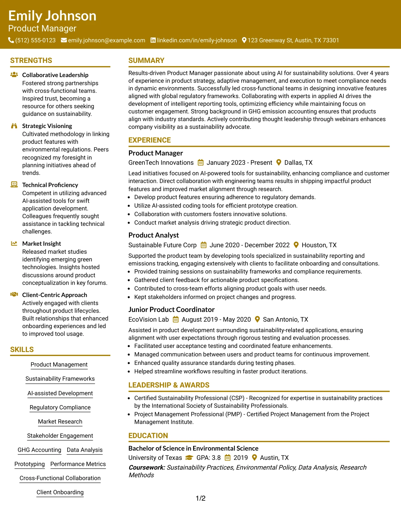 Resume Example Page 1