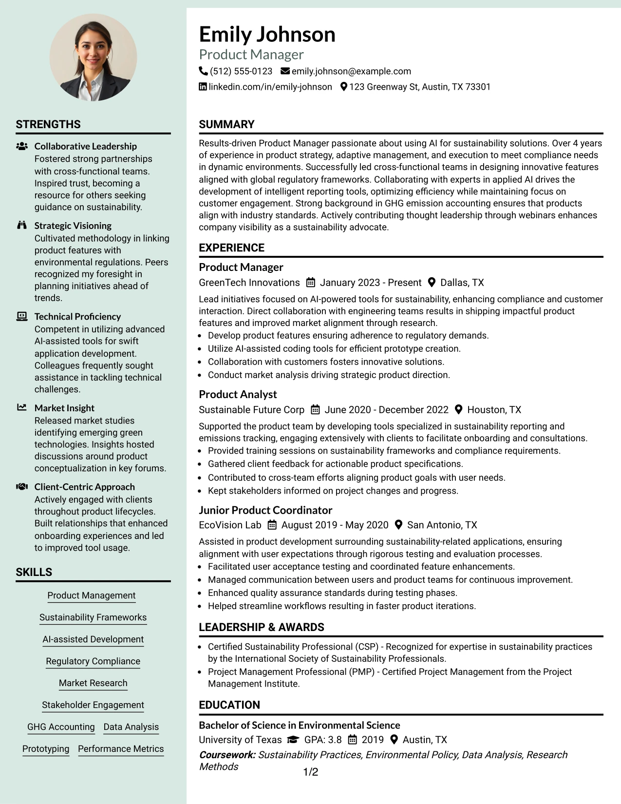 Resume Example Page 1