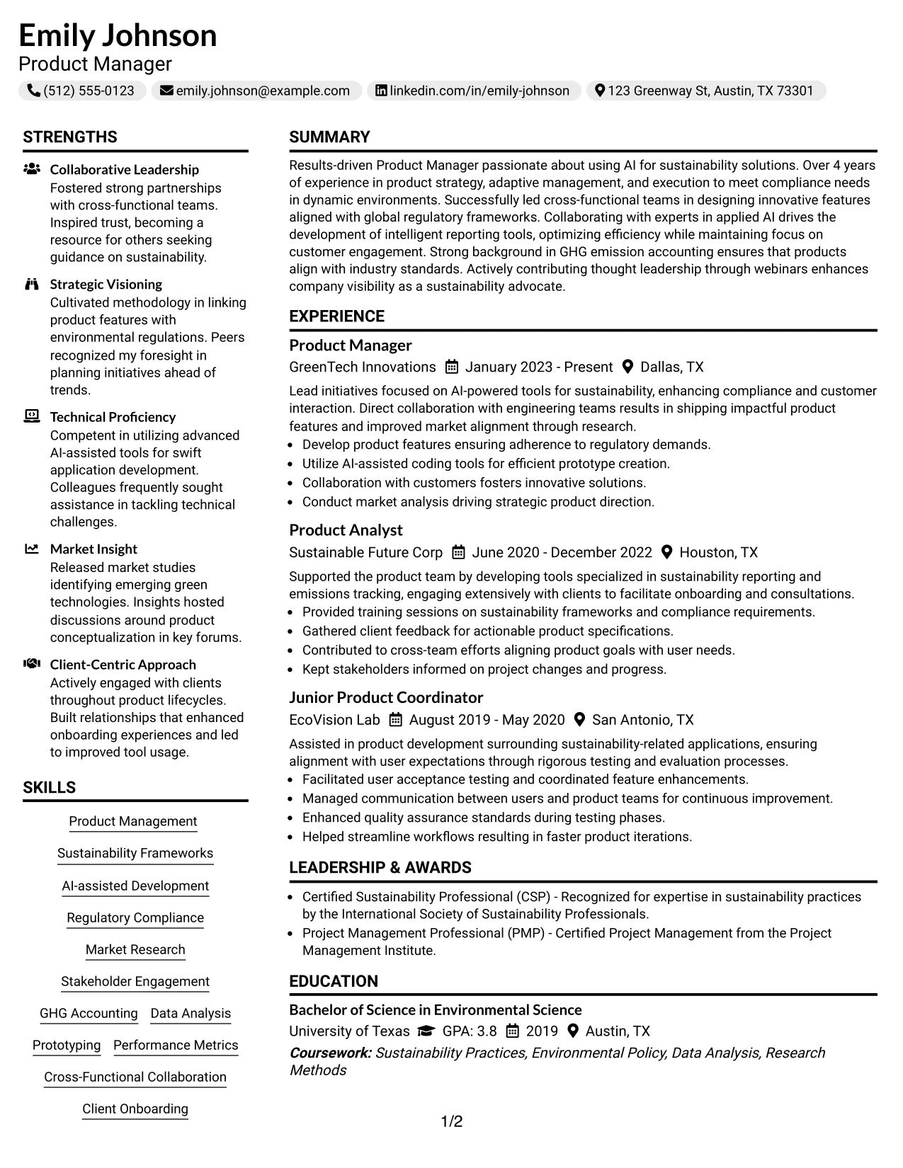 Resume Example Page 1