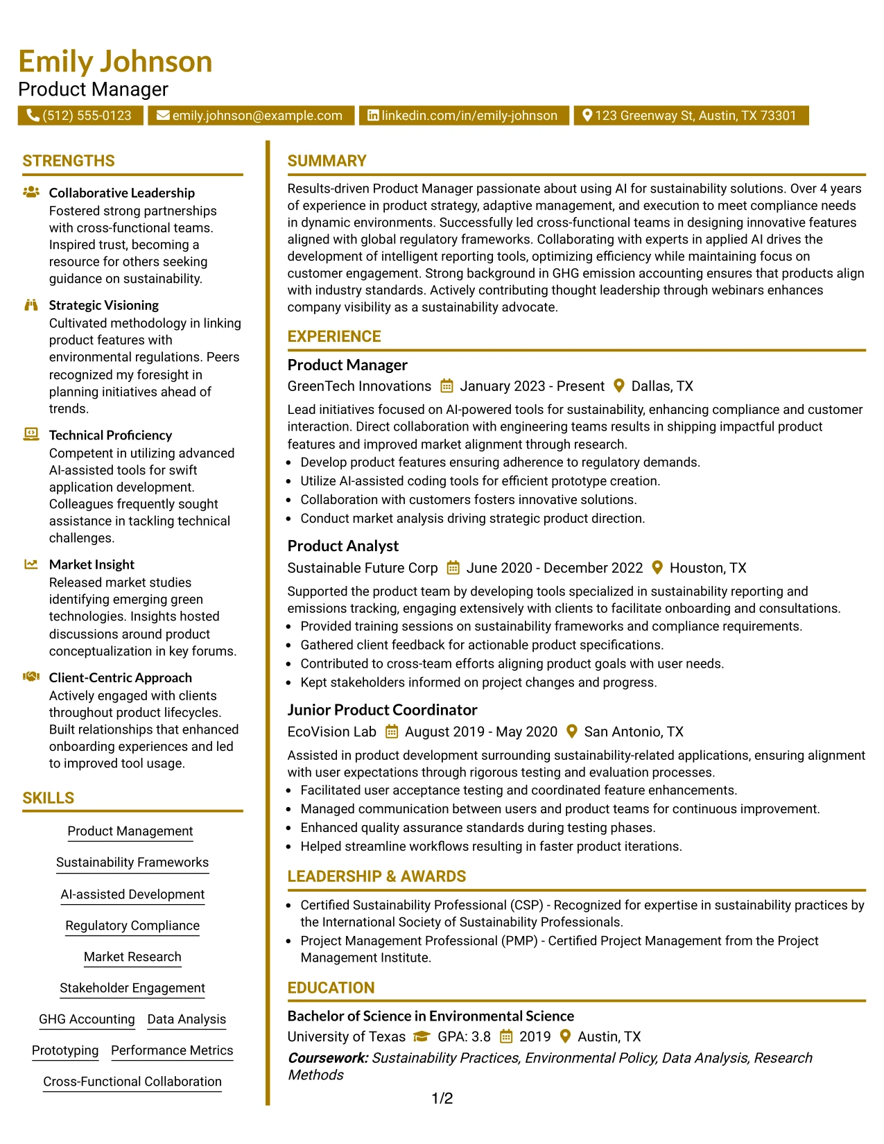 Resume Example Page 1