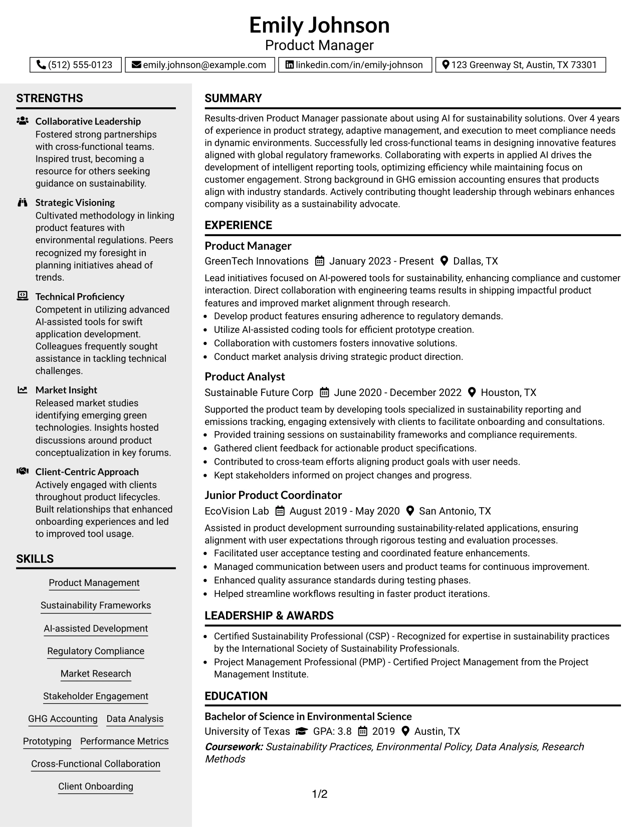Resume Example Page 1