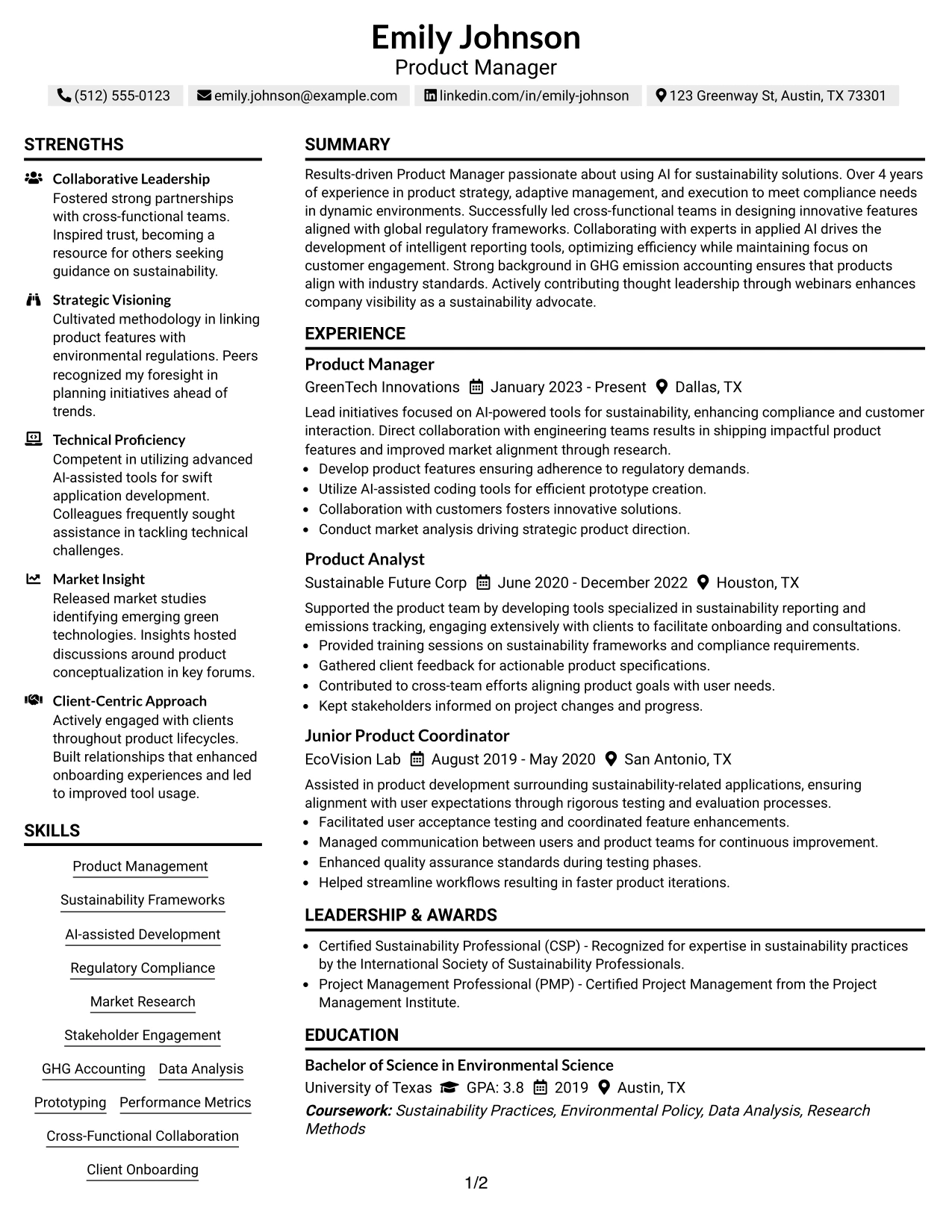 Resume Example Page 1