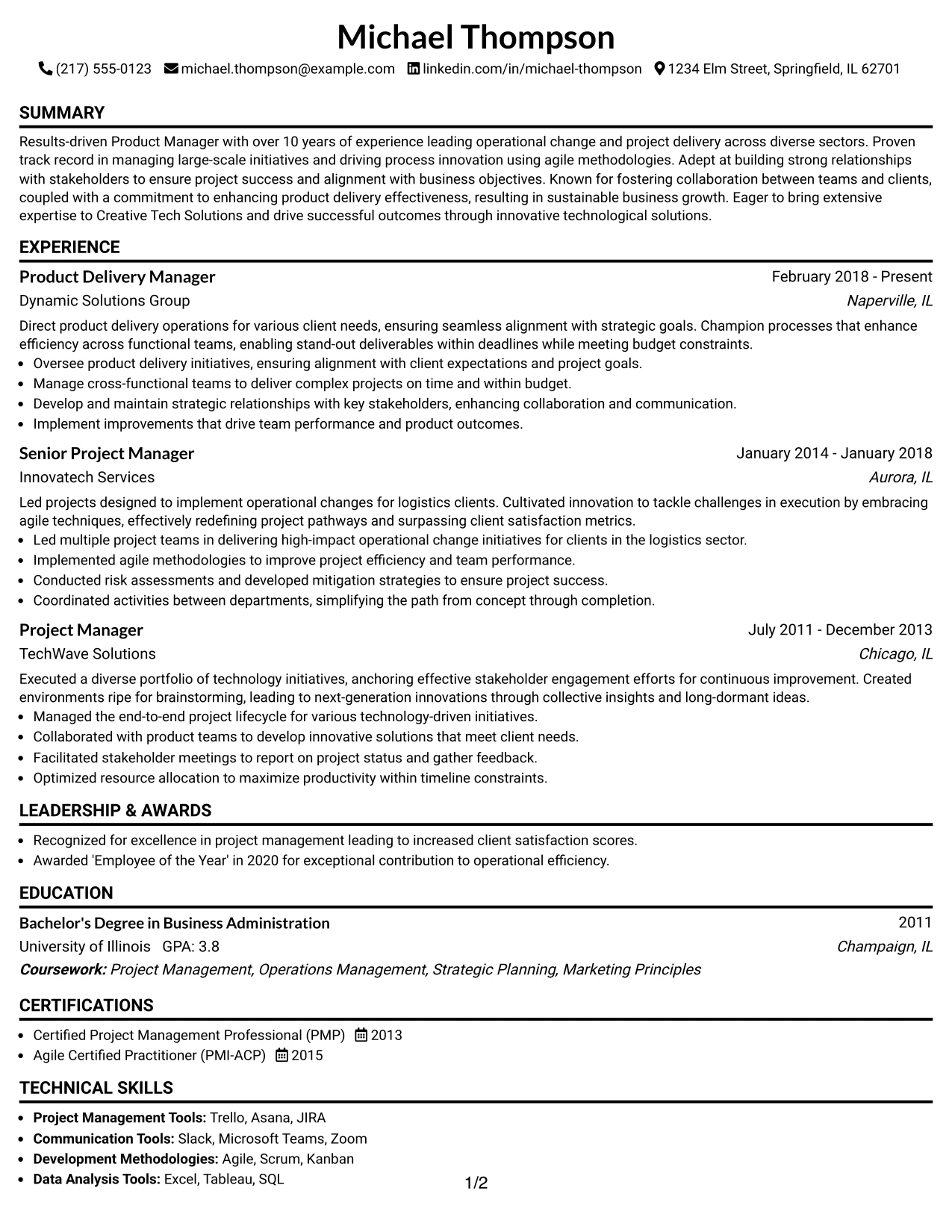 Resume Example Page 1