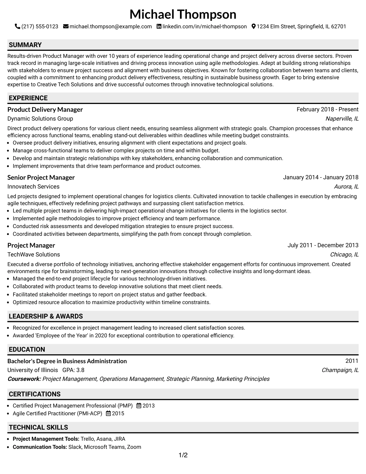 Resume Example Page 1