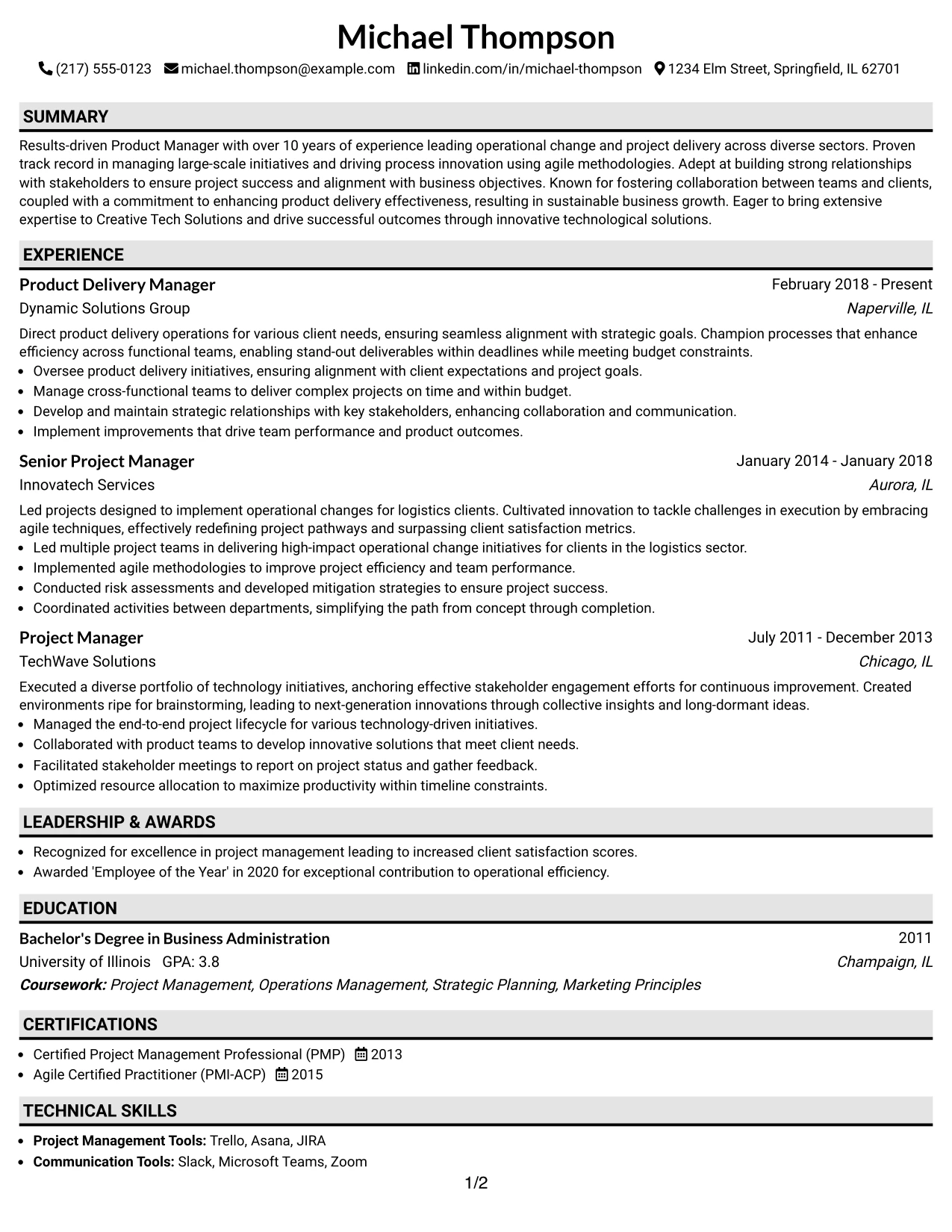 Resume Example Page 1