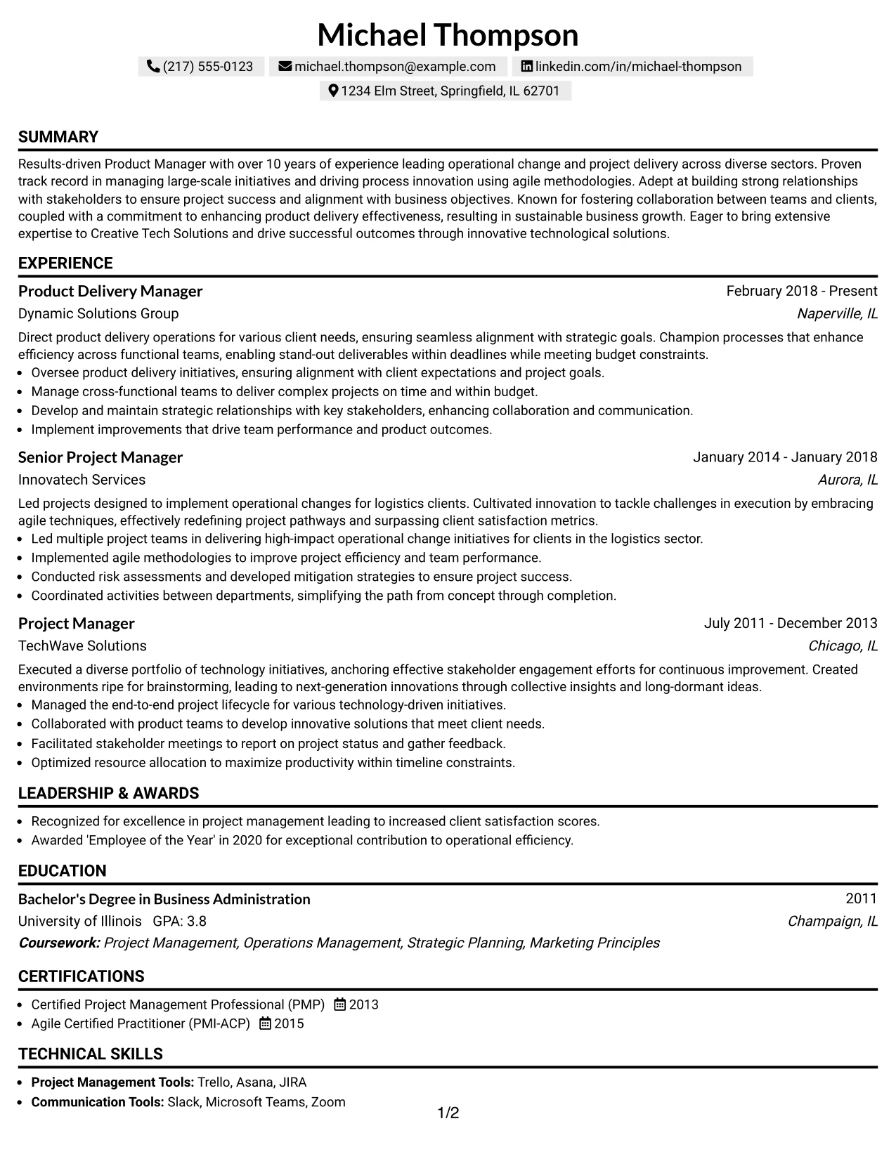 Resume Example Page 1