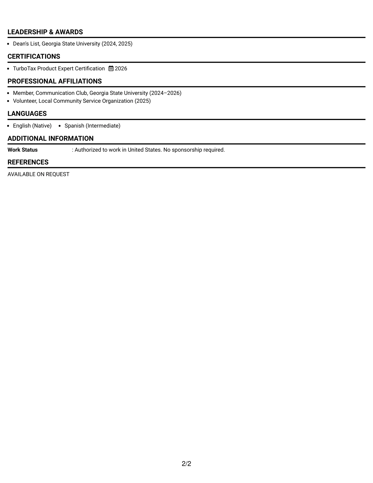Resume Example Page 2