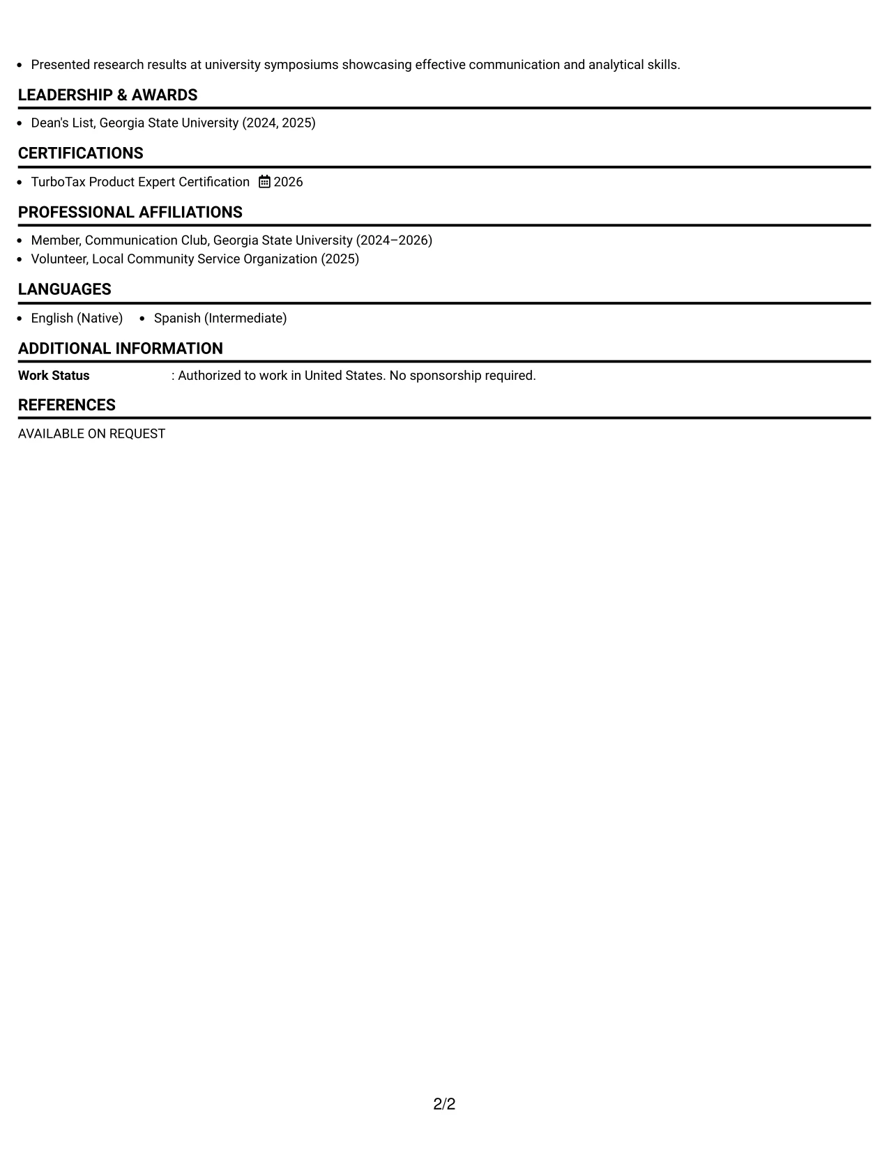Resume Example Page 2