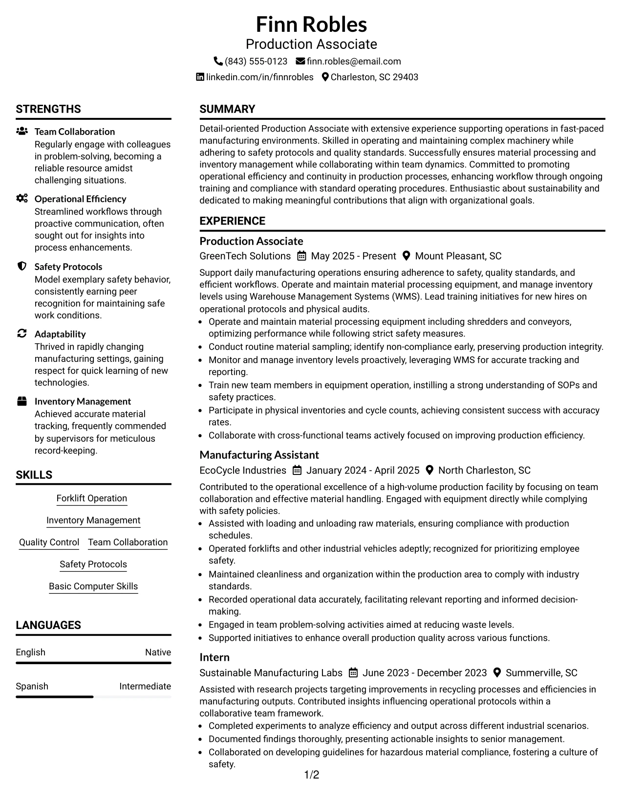 Resume Example Page 1
