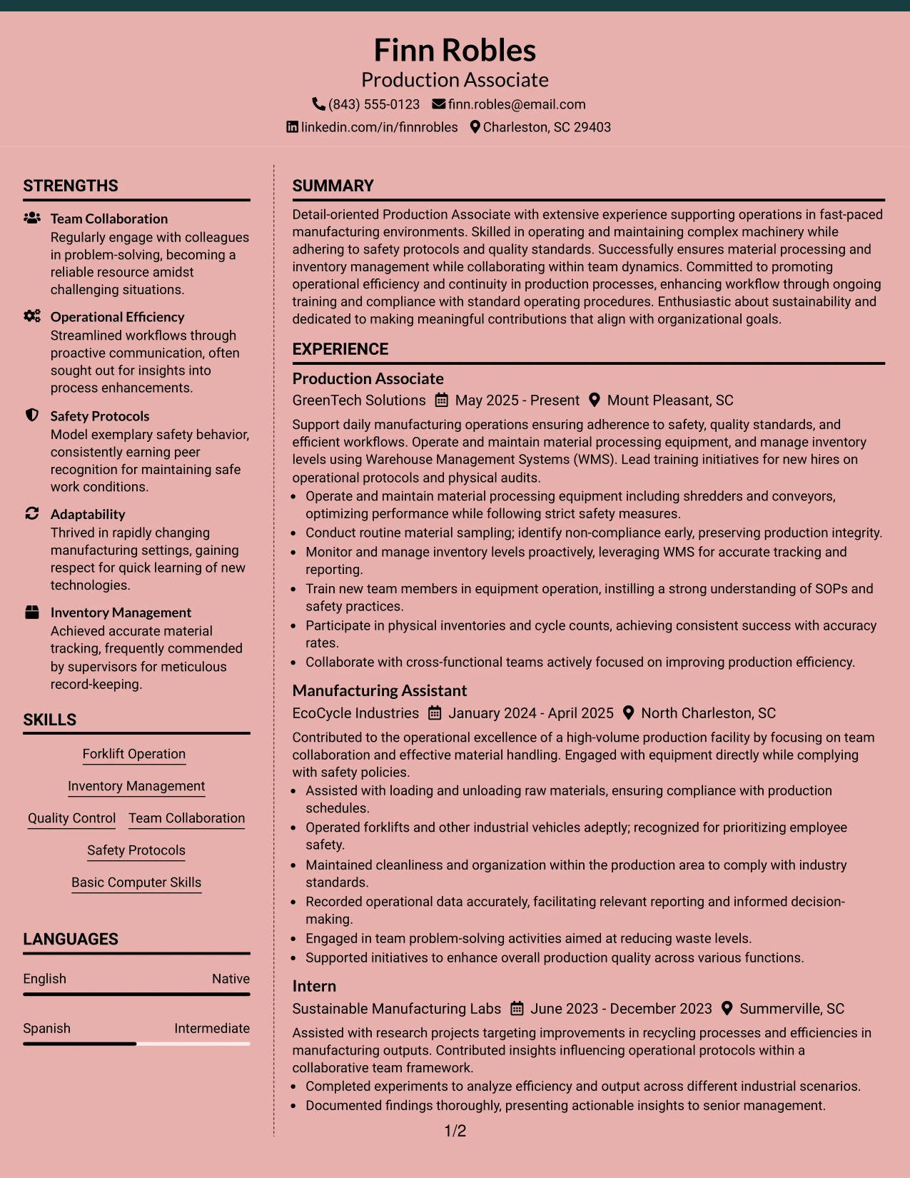 Resume Example Page 1