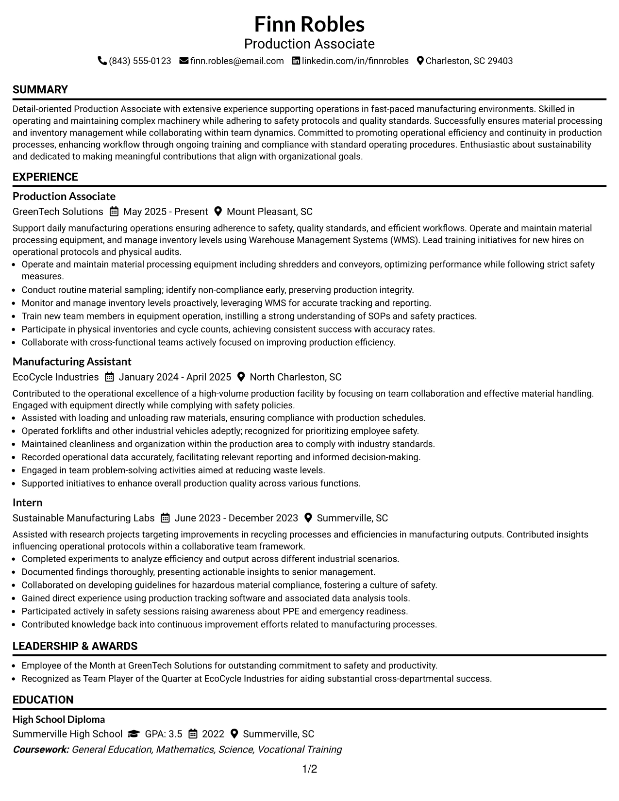 Resume Example Page 1