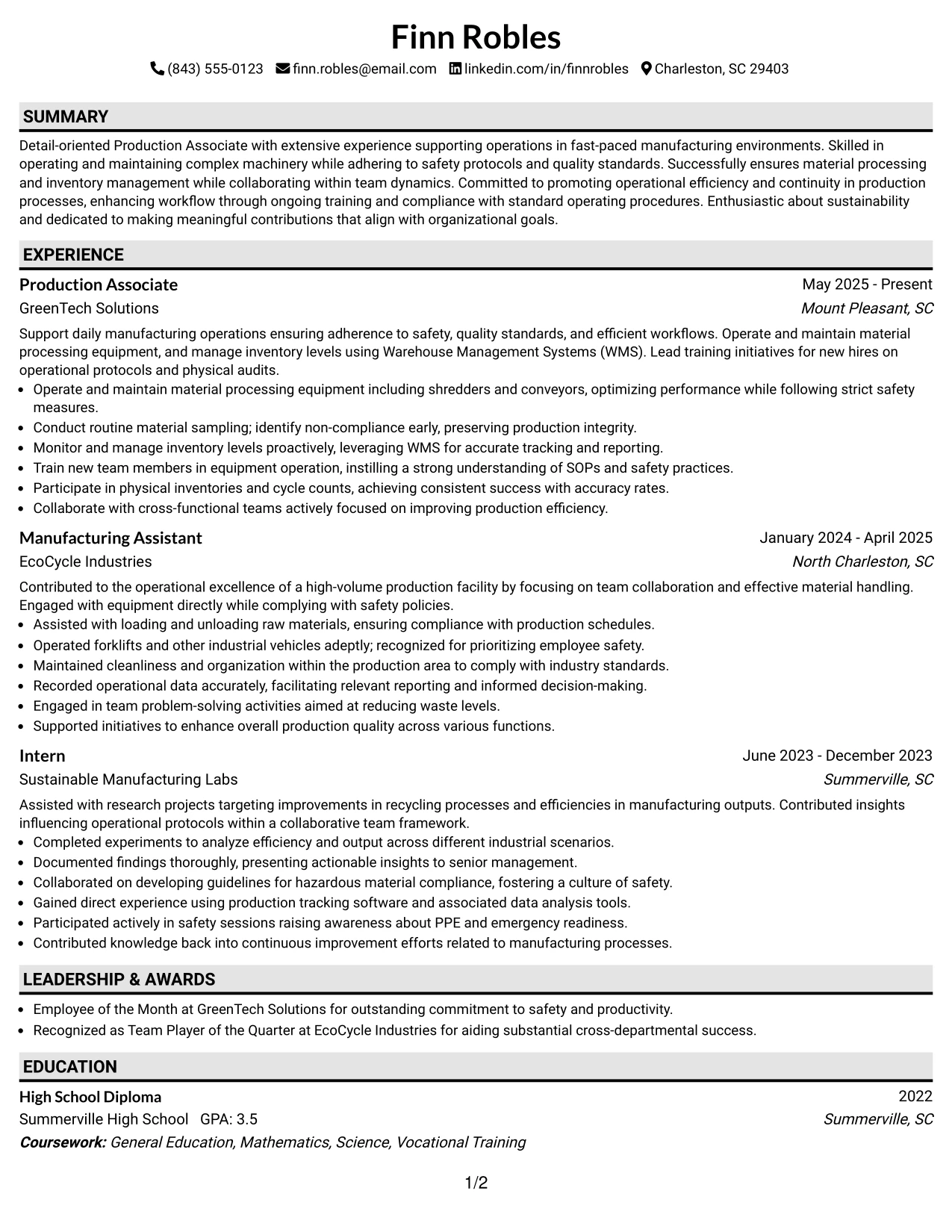 Resume Example Page 1