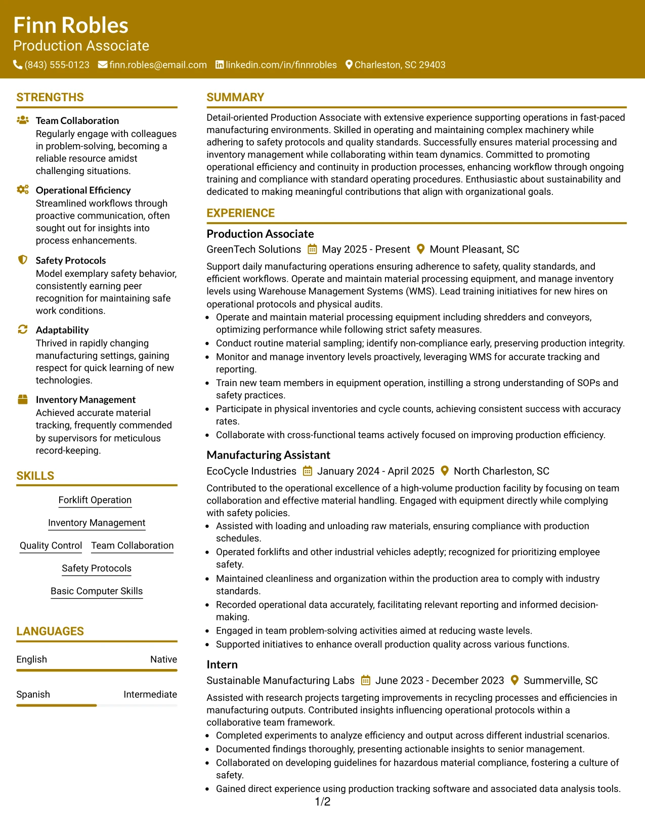 Resume Example Page 1