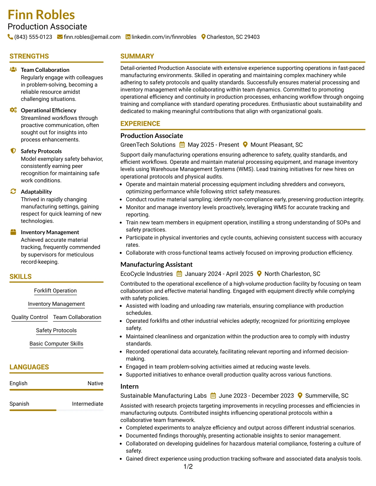 Resume Example Page 1