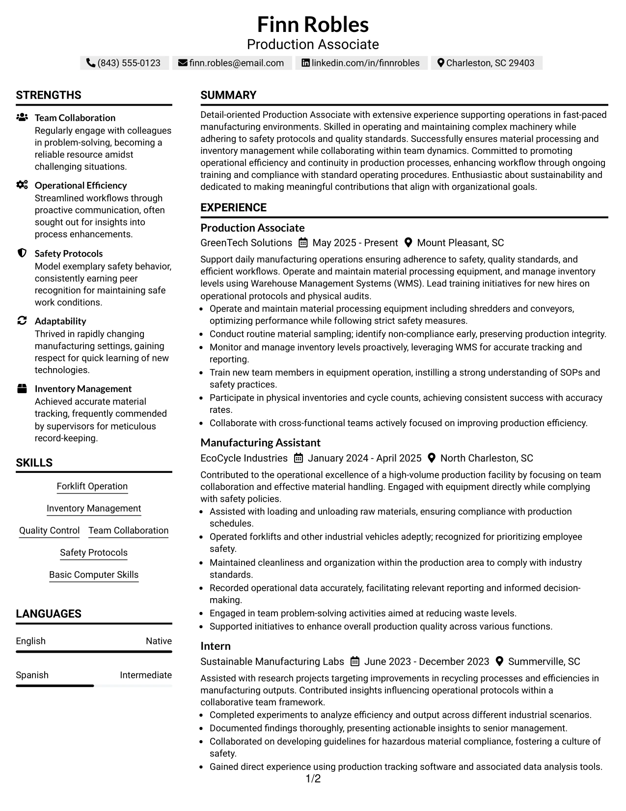 Resume Example Page 1