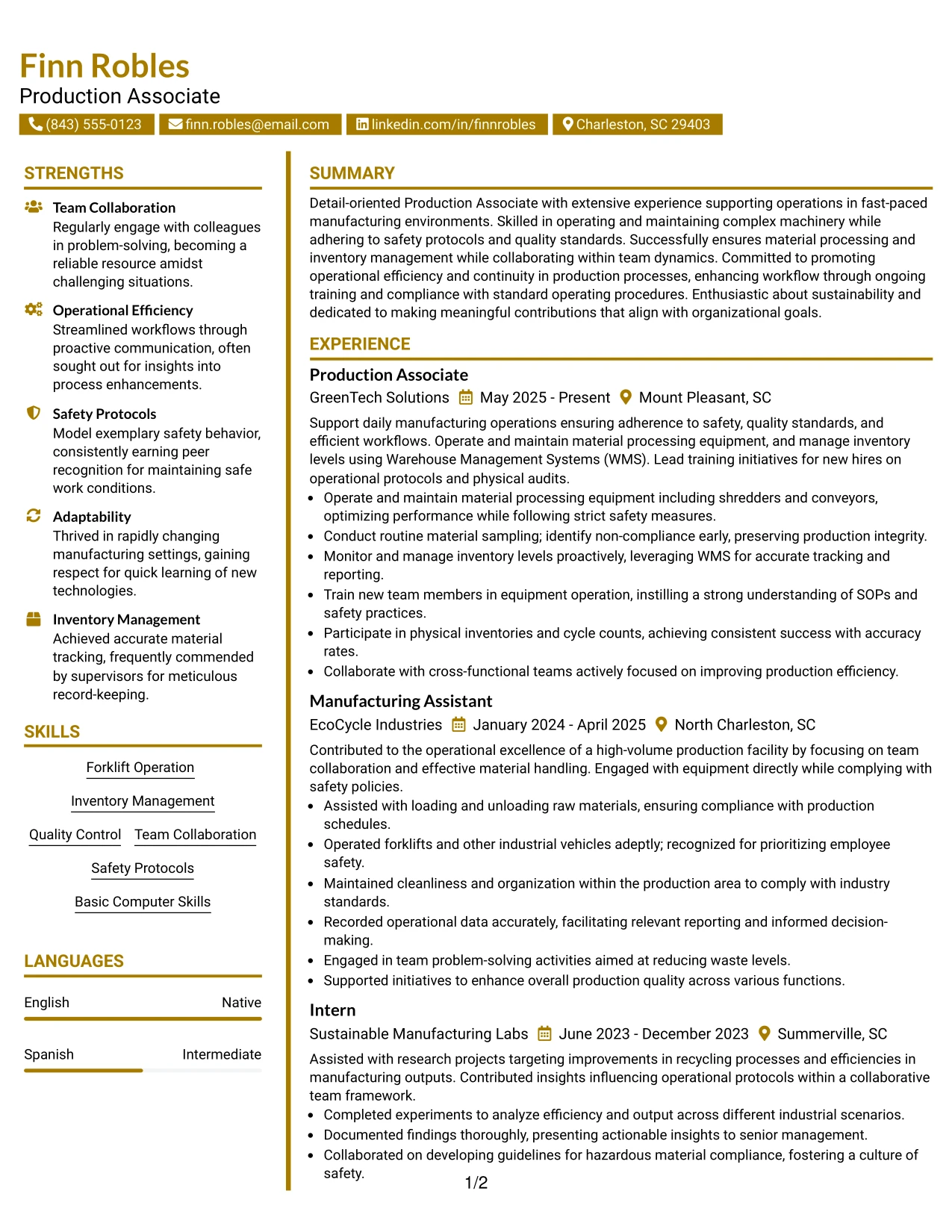 Resume Example Page 1