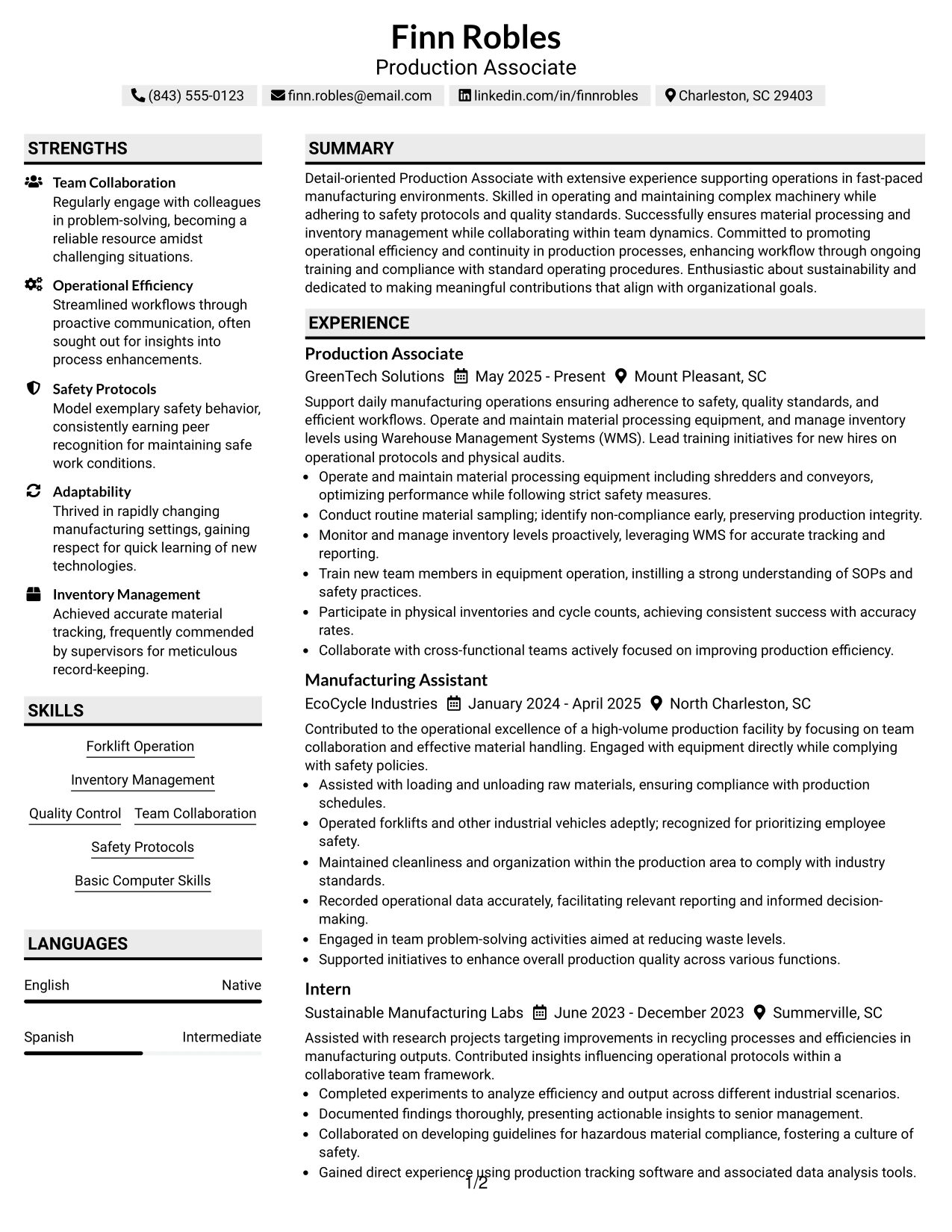 Resume Example Page 1