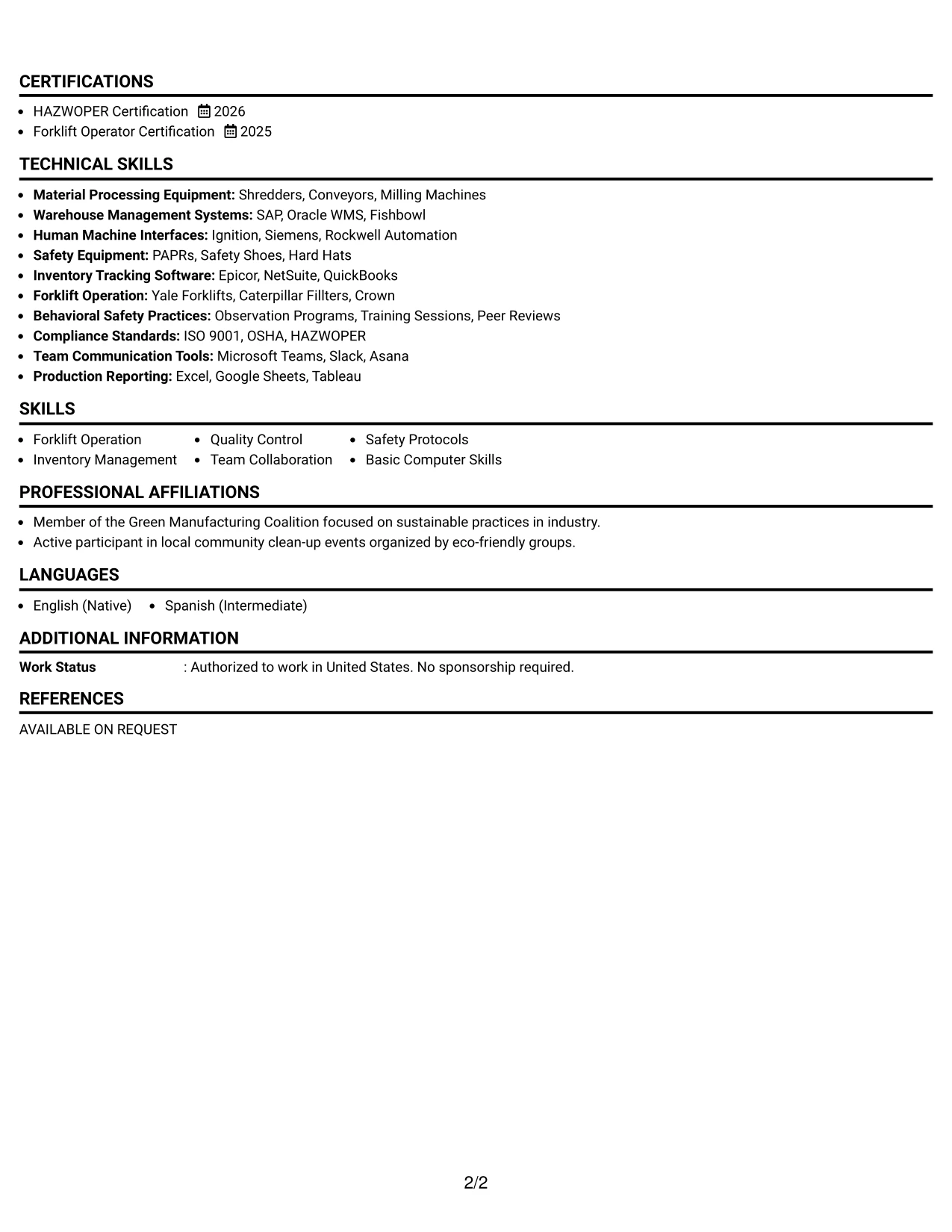 Resume Example Page 2