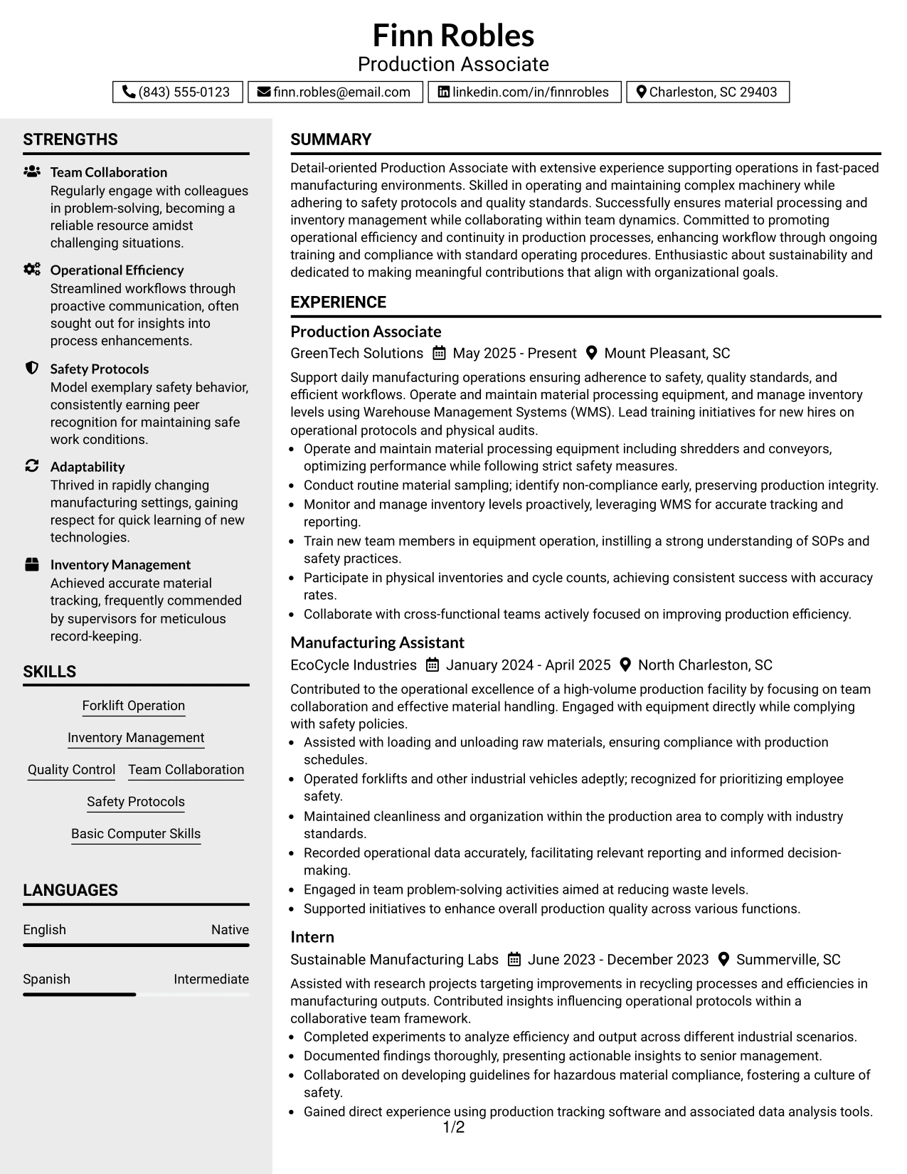 Resume Example Page 1