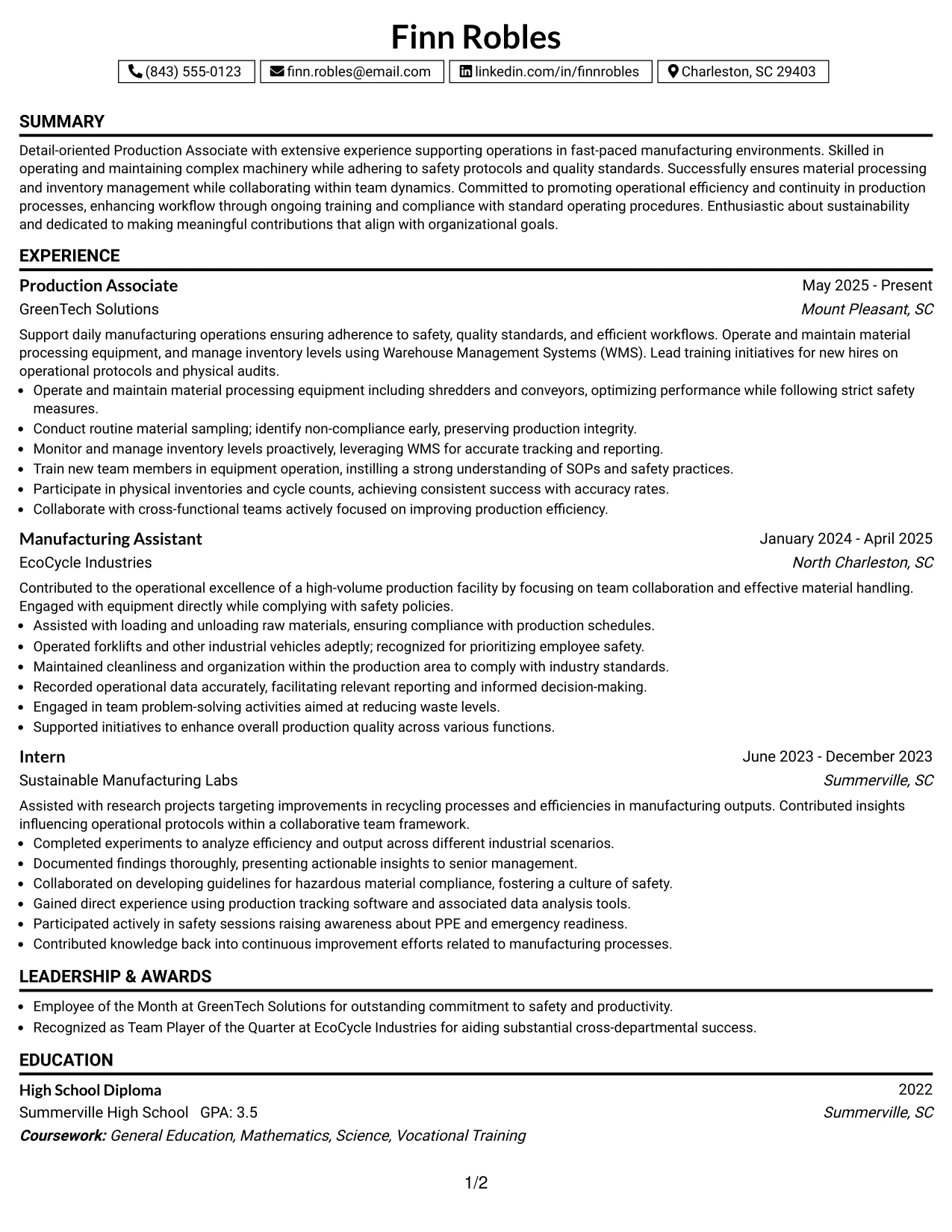 Resume Example Page 1