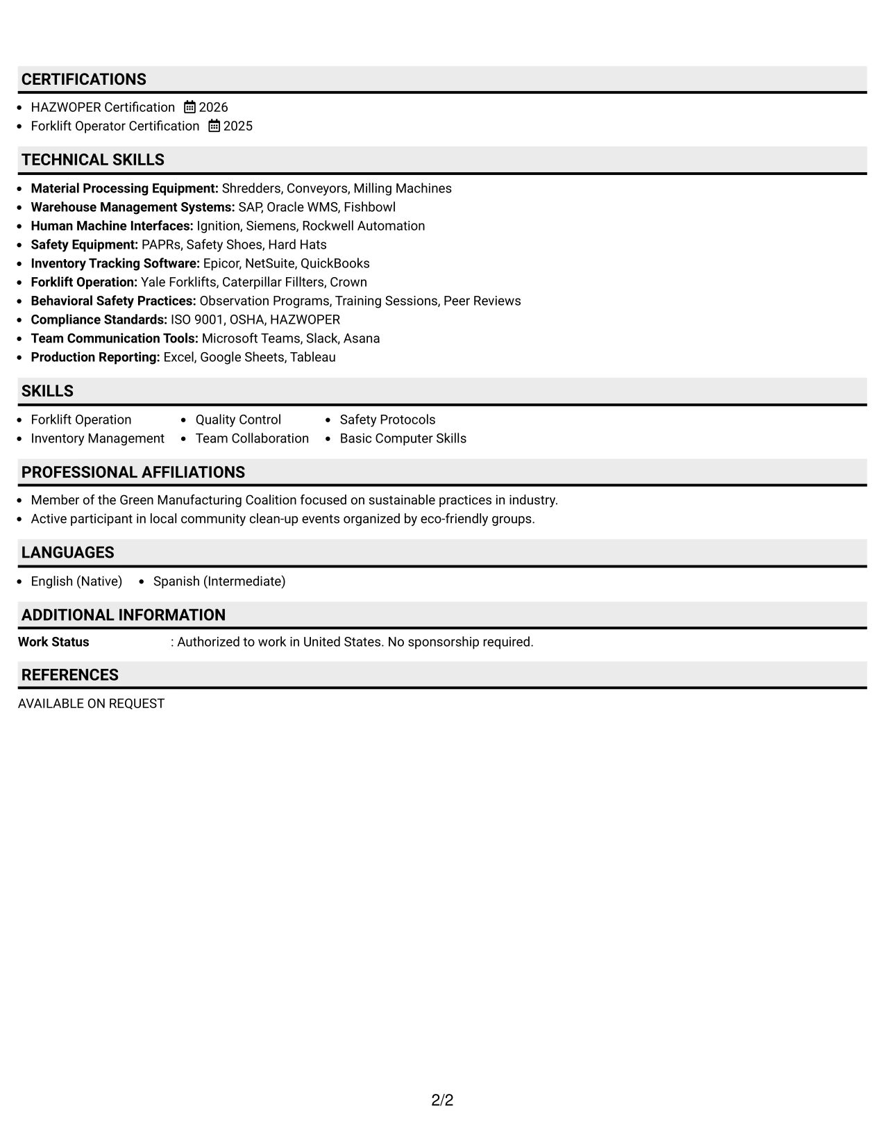 Resume Example Page 2
