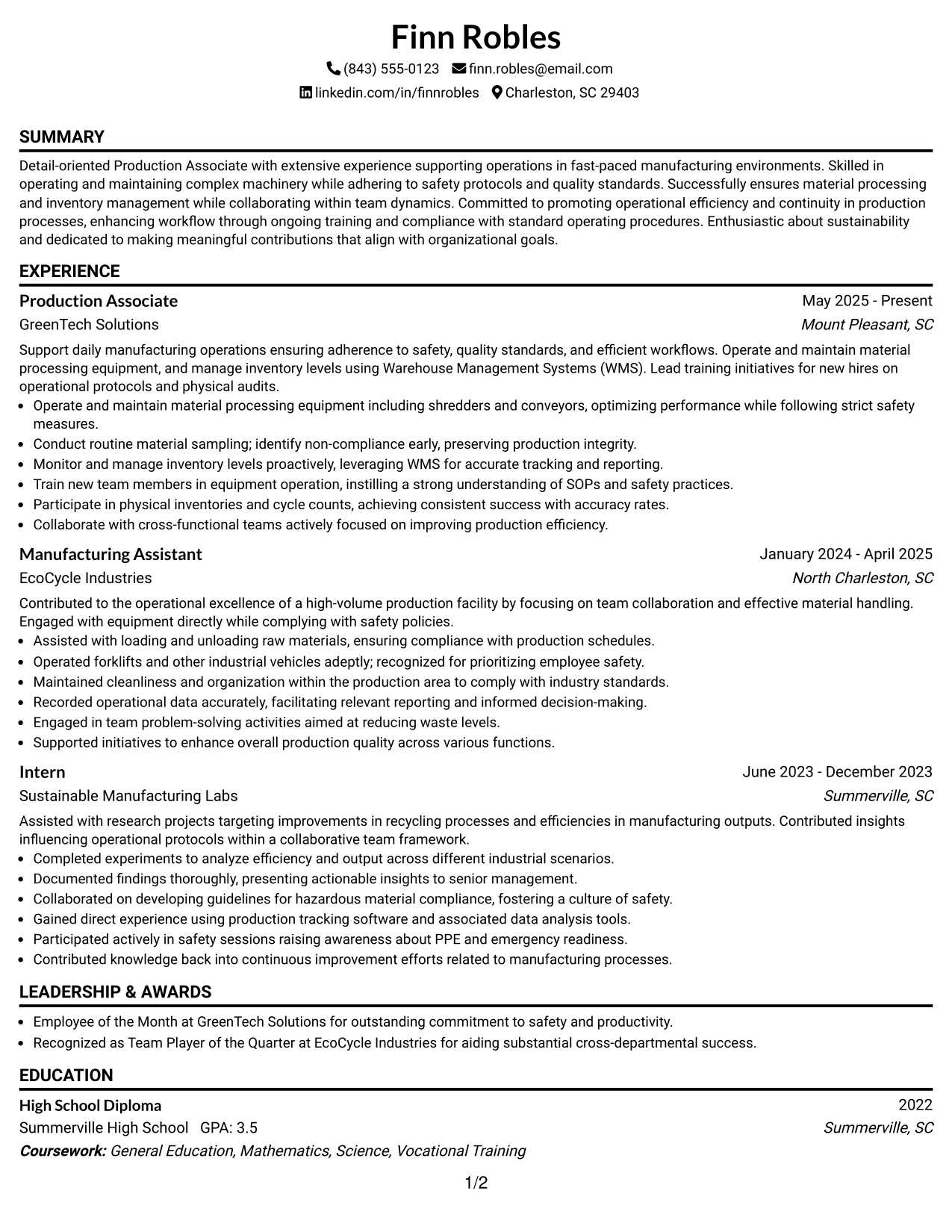 Resume Example Page 1