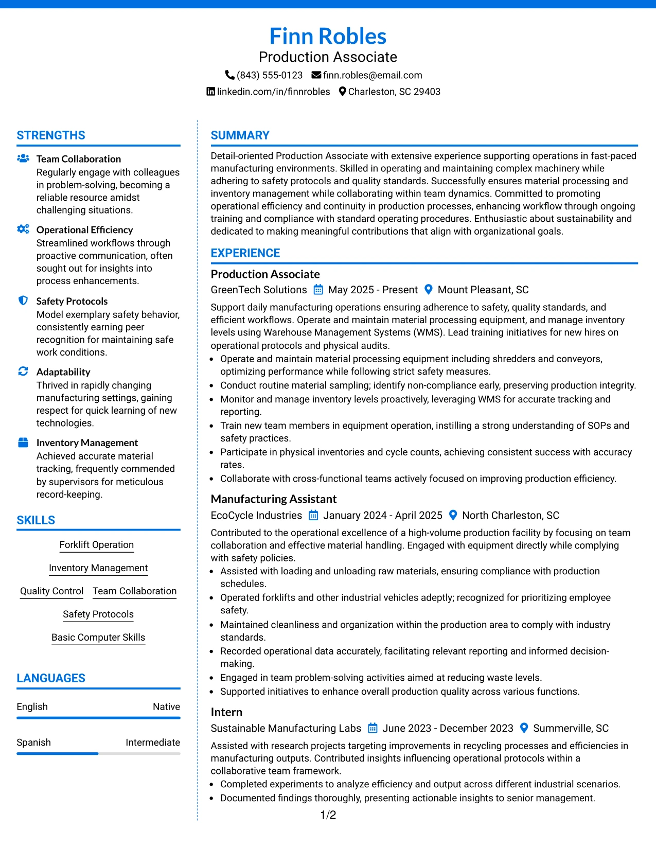 Resume Example Page 1
