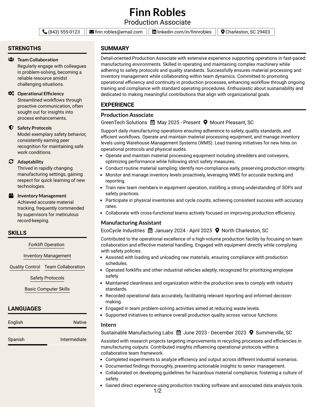Resume Example Page 1