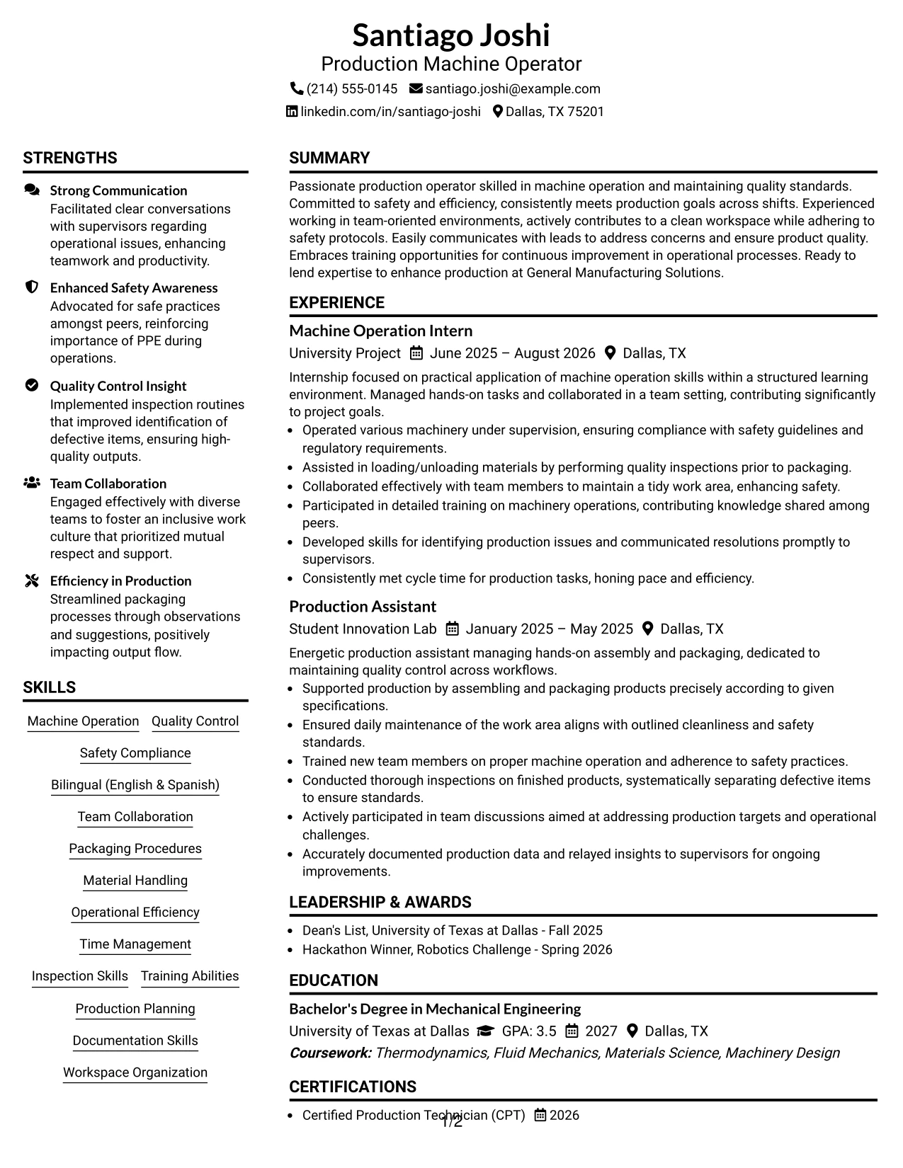 Resume Example Page 1