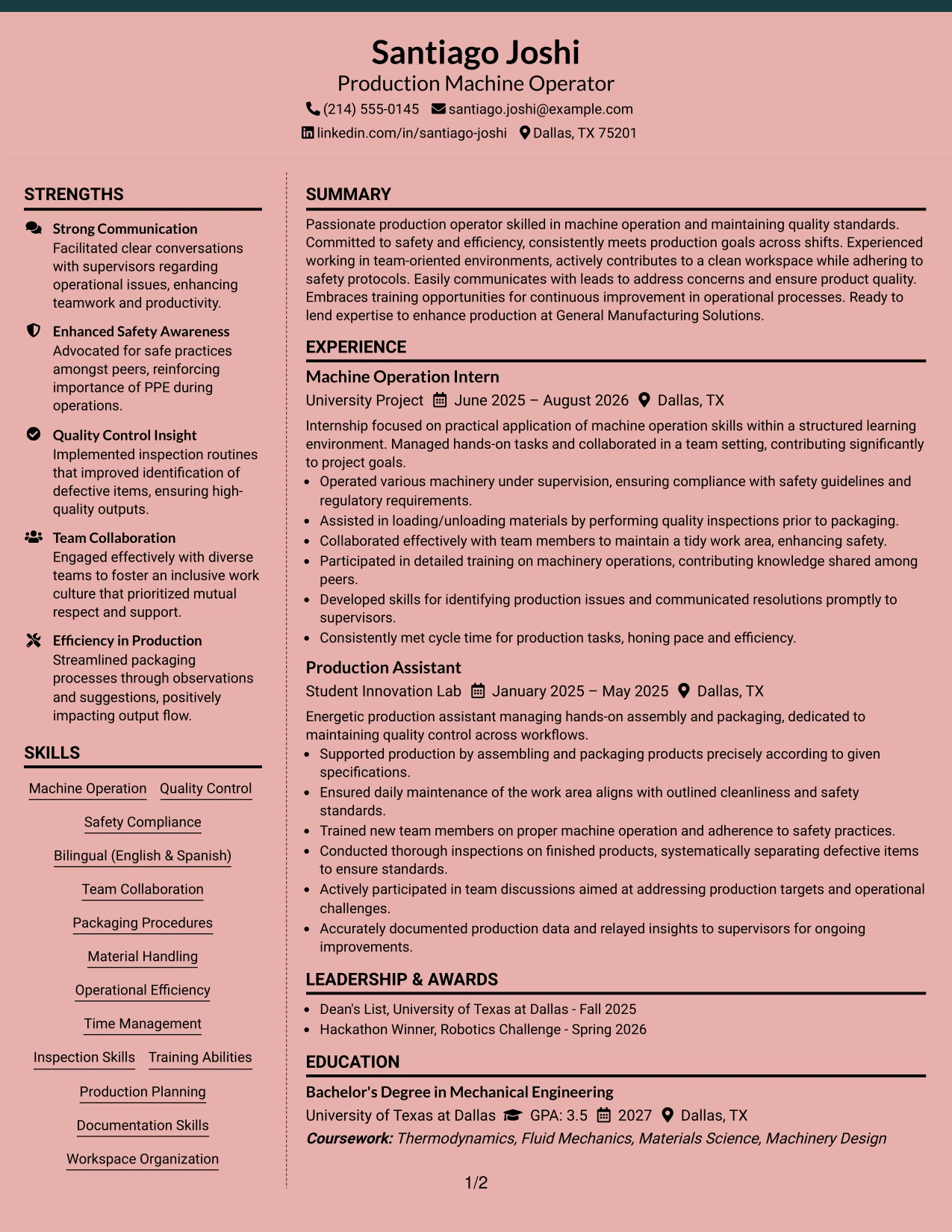 Resume Example Page 1