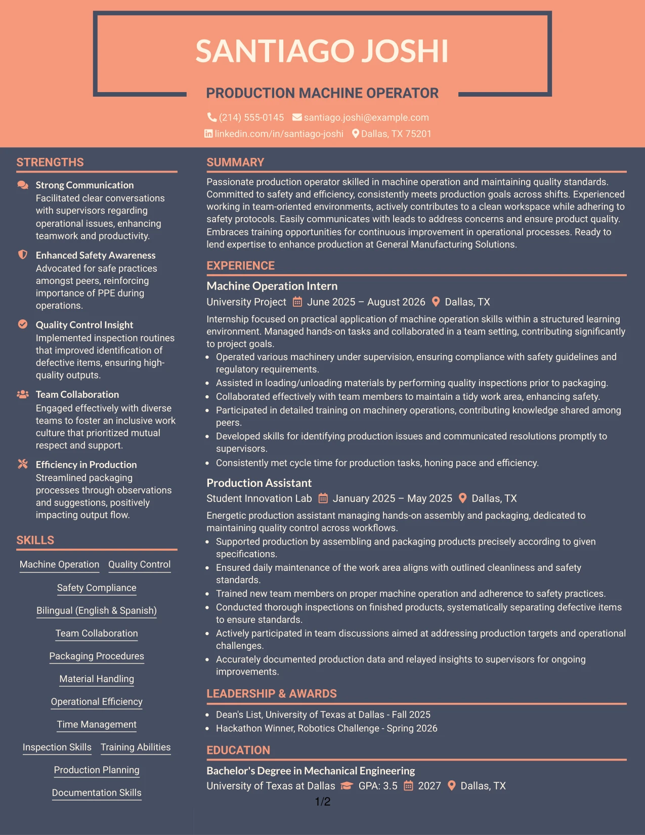 Resume Example Page 1