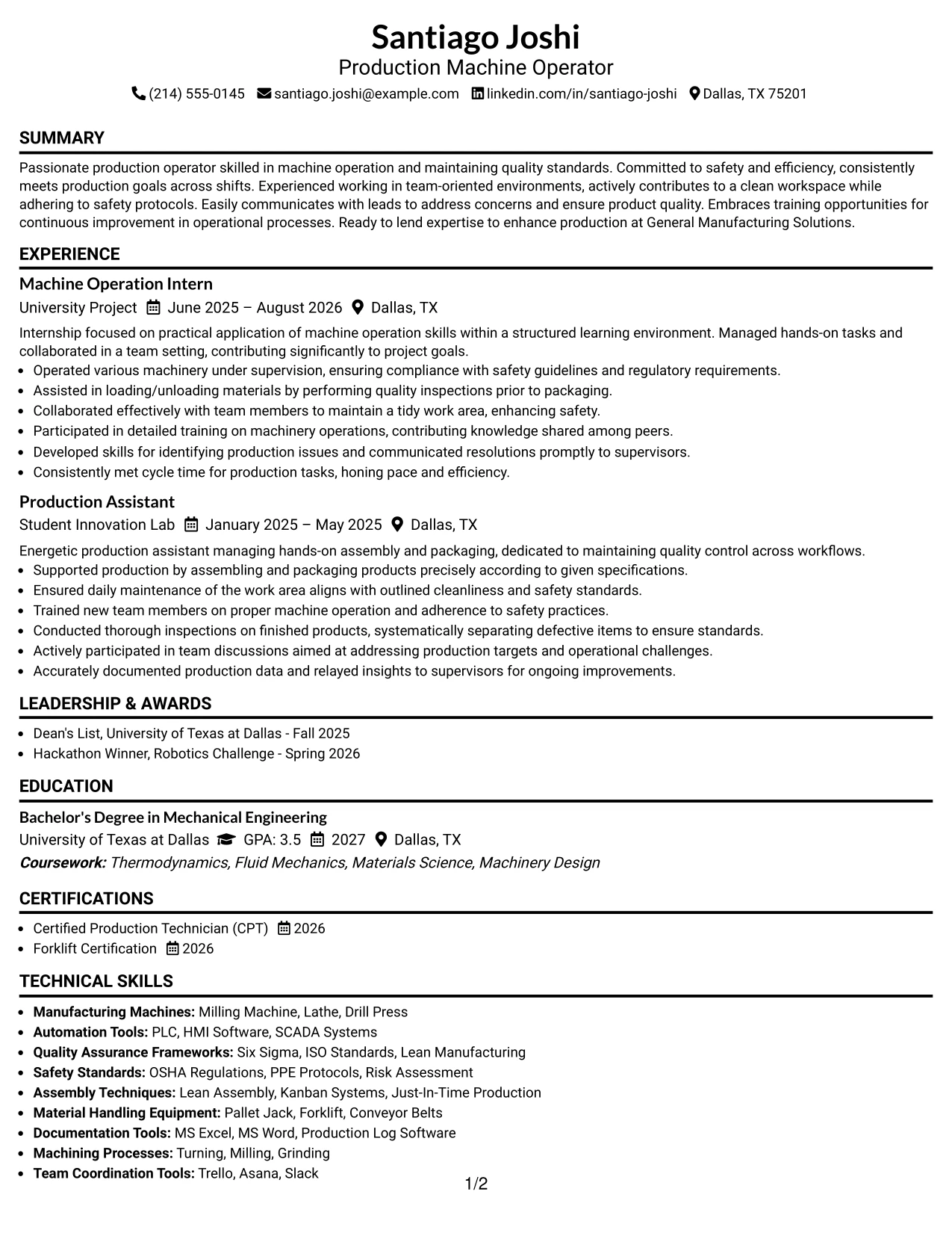 Resume Example Page 1