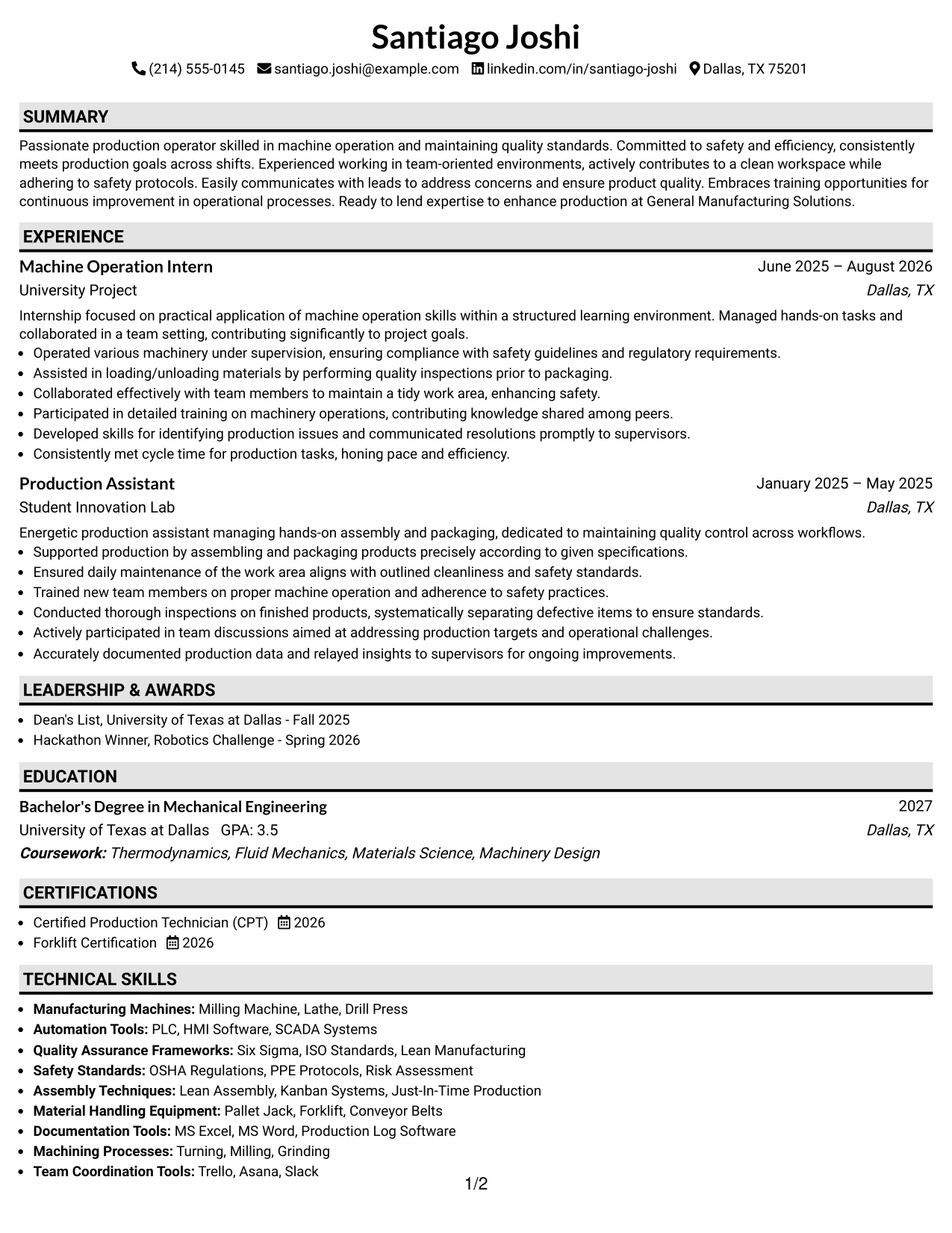 Resume Example Page 1