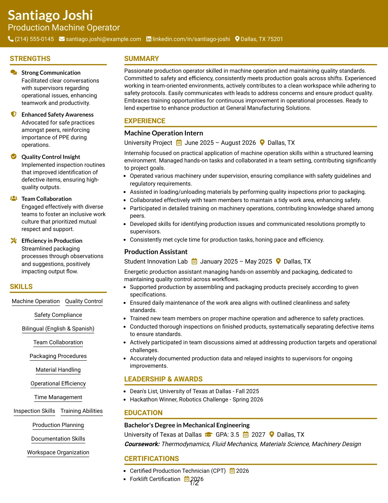 Resume Example Page 1