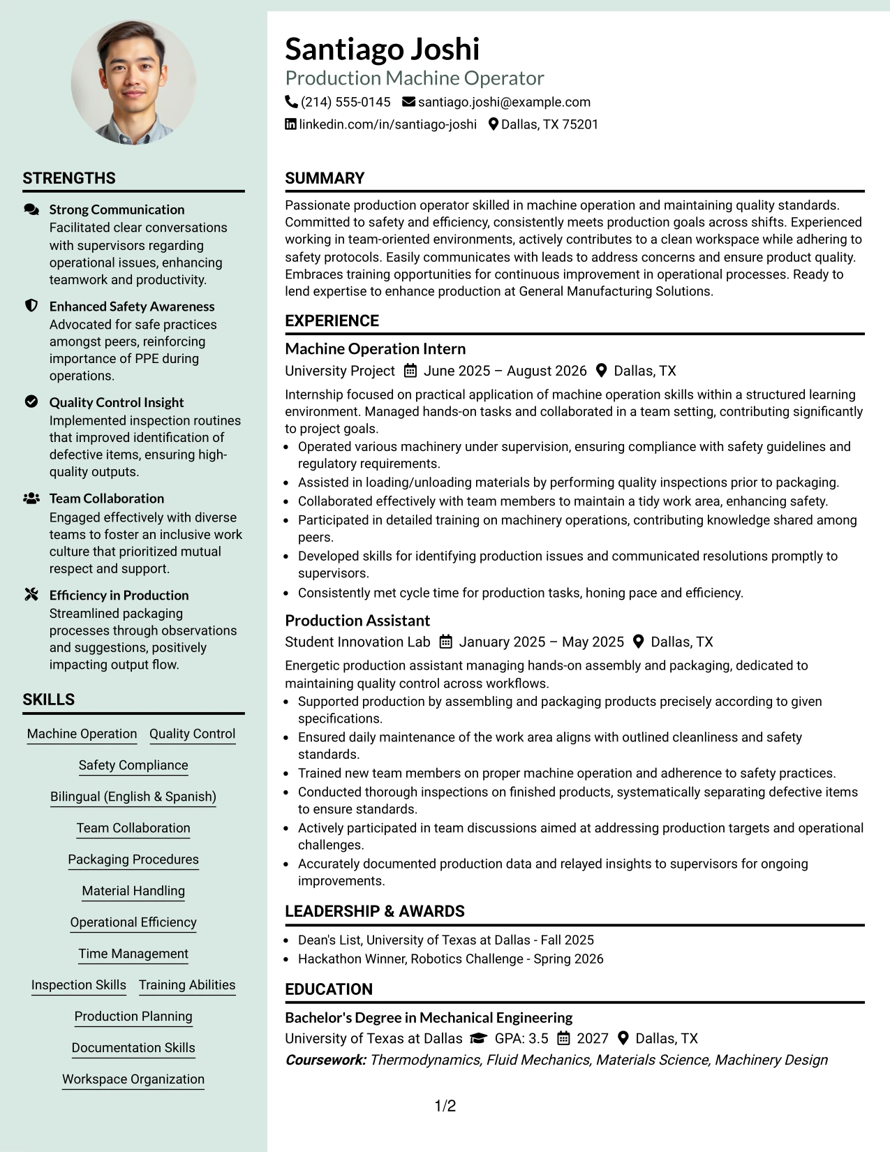 Resume Example Page 1