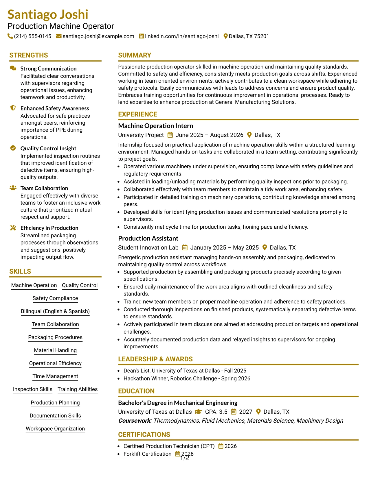 Resume Example Page 1