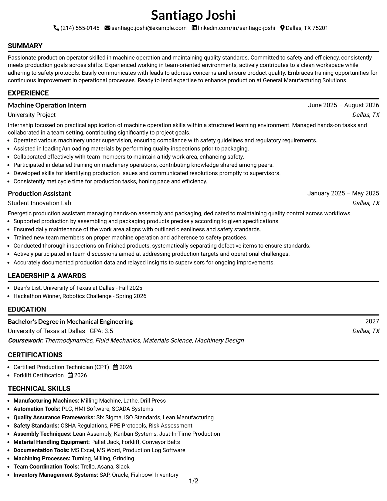 Resume Example Page 1