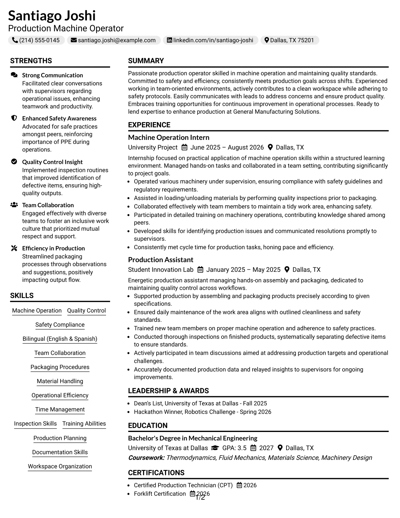 Resume Example Page 1