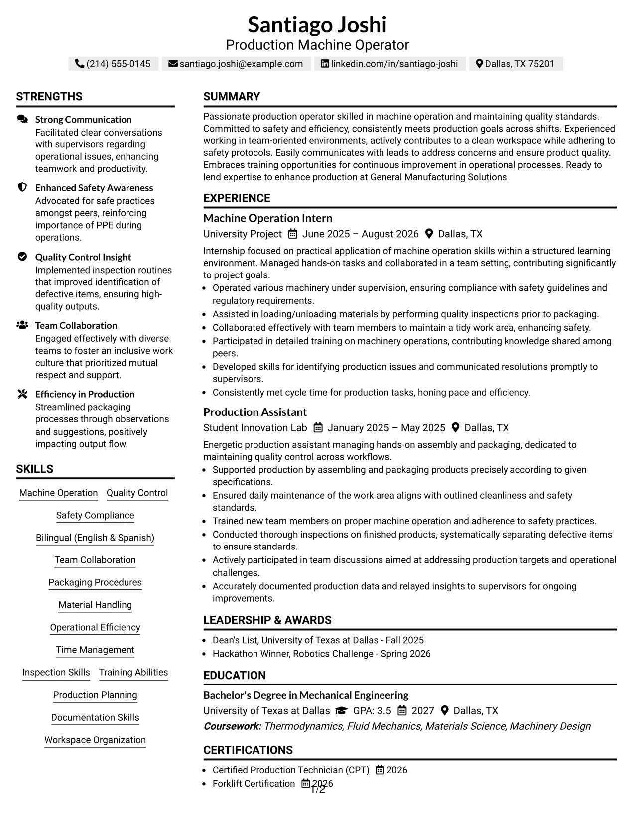 Resume Example Page 1