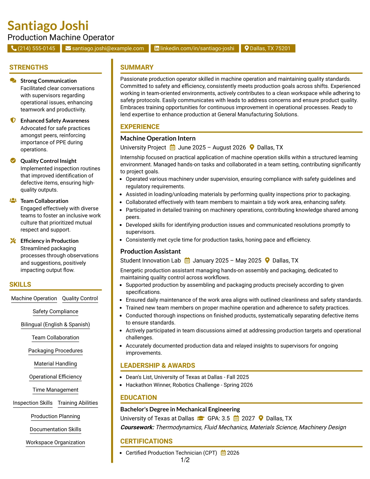 Resume Example Page 1
