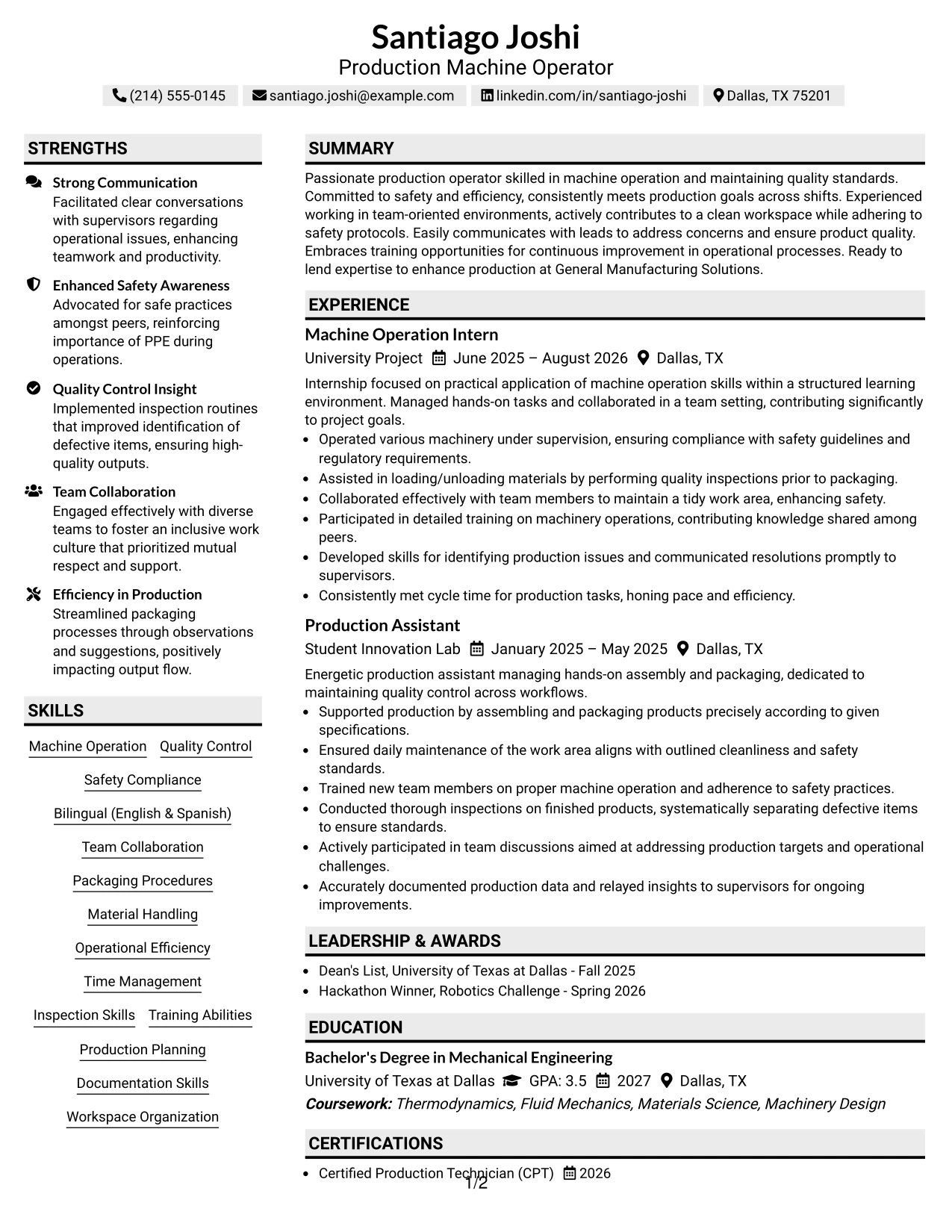 Resume Example Page 1