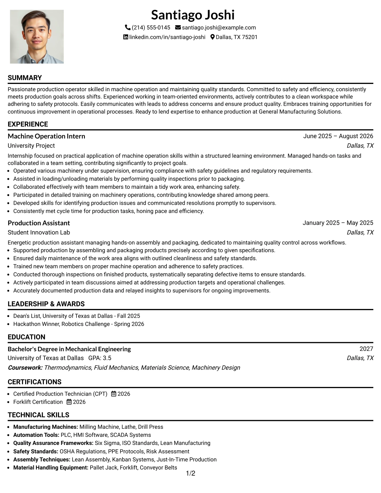 Resume Example Page 1