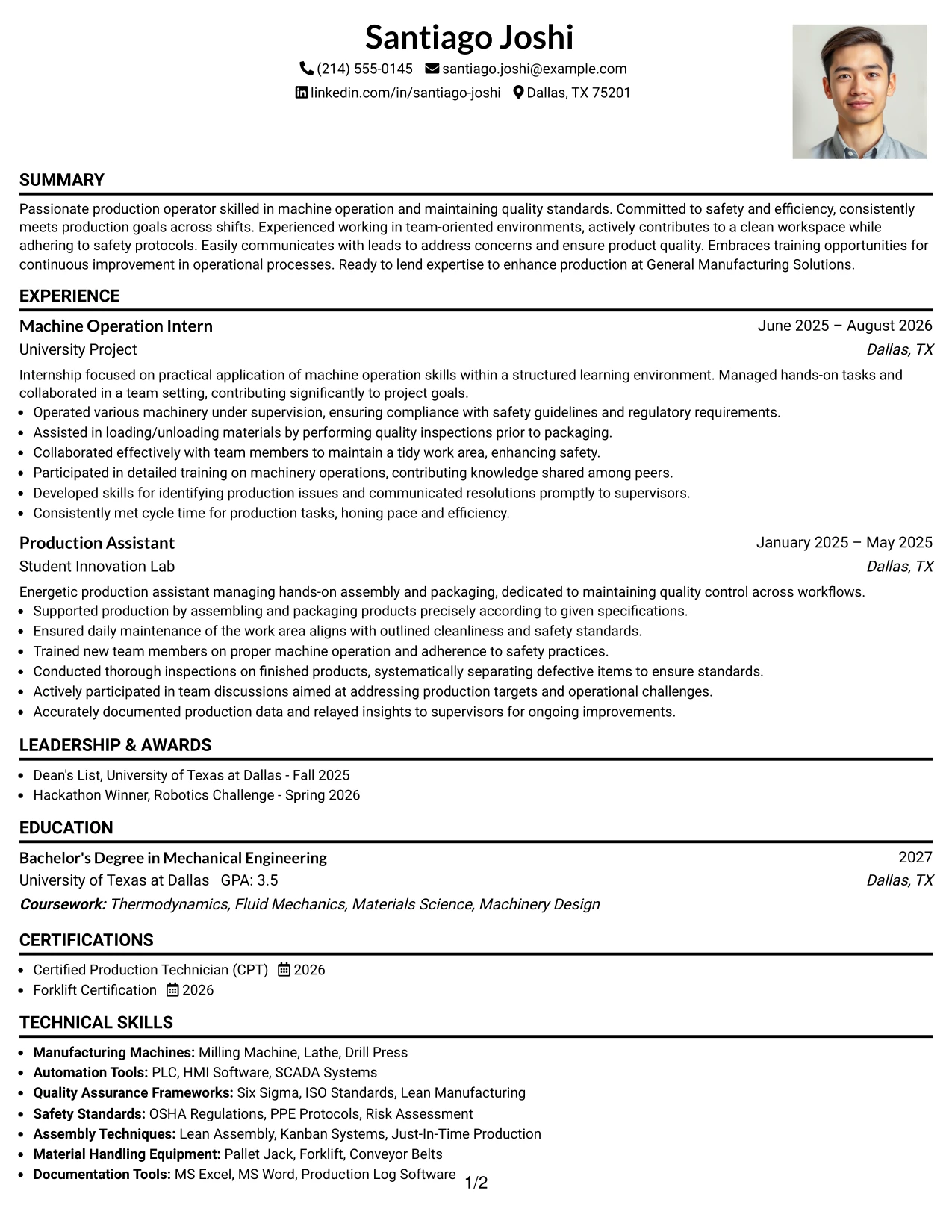 Resume Example Page 1