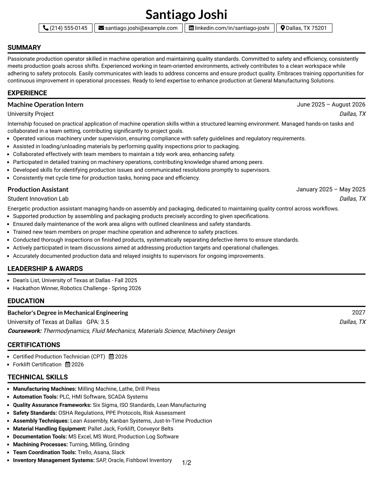 Resume Example Page 1